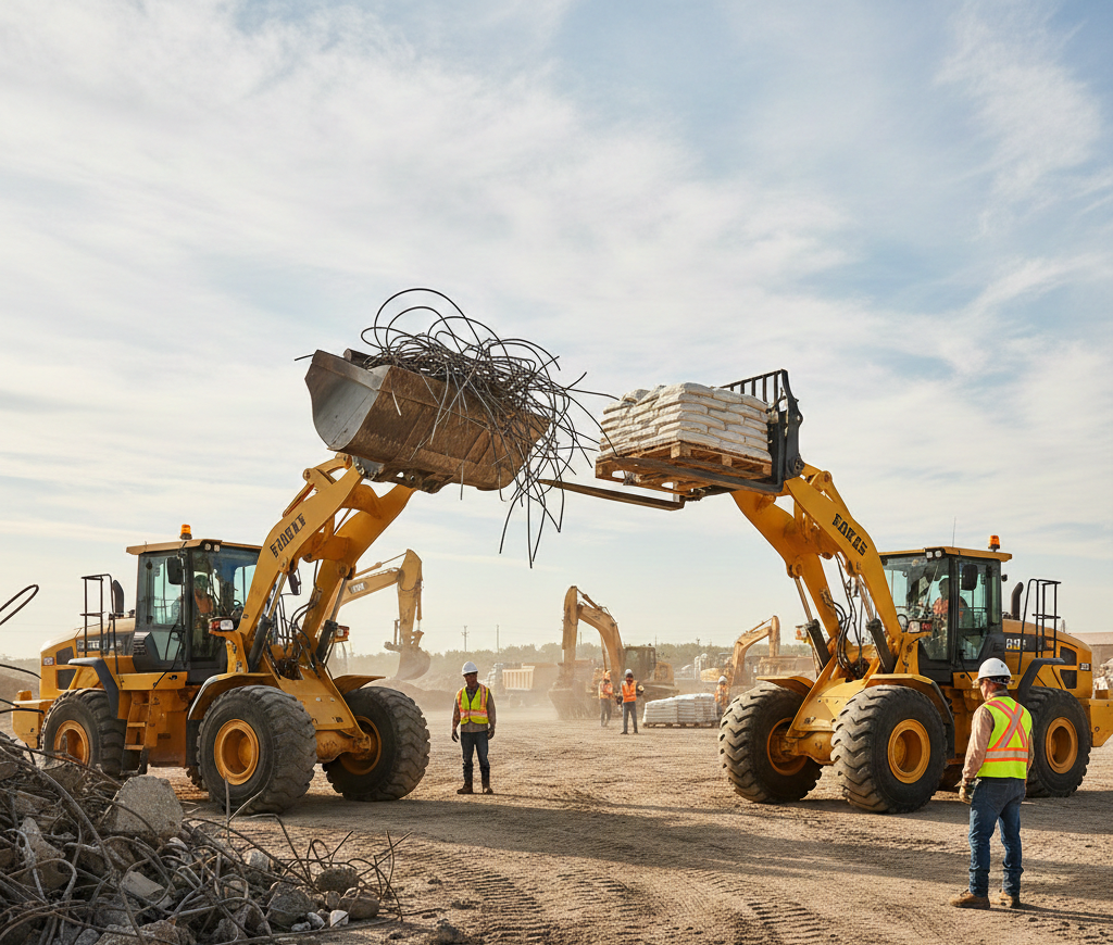 Grapple Buckets and wheel loader fork attachments